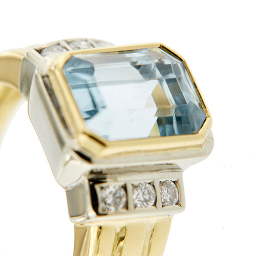 Bague 55 Bague - aquamarine et diamants en or jaune et or blanc 18 ct 58 Facettes 37500