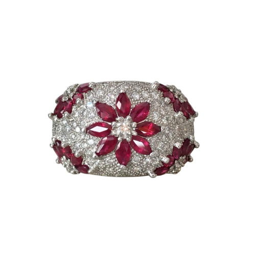 Bague 53 Bague dôme florale en or blanc 18k, rubis et diamants 58 Facettes 305