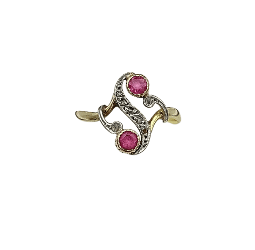 Bague 57 Bague ancienne Toi et moi en or 18k, rubis et diamants taille rose 58 Facettes AX/1/84/94/B