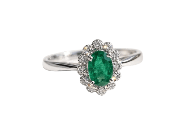 Bague 54 Bague en or blanc 18k avec émeraude et diamants 58 Facettes AN-001