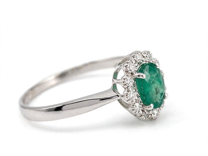 Bague 54 Bague en or blanc 18k avec émeraude et diamants 58 Facettes AN-001