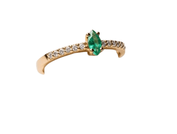 Bague 54 Collection Navette - Bague en or jaune 18 kt, émeraude marquise et pavé de diamants 58 Facettes AN-002