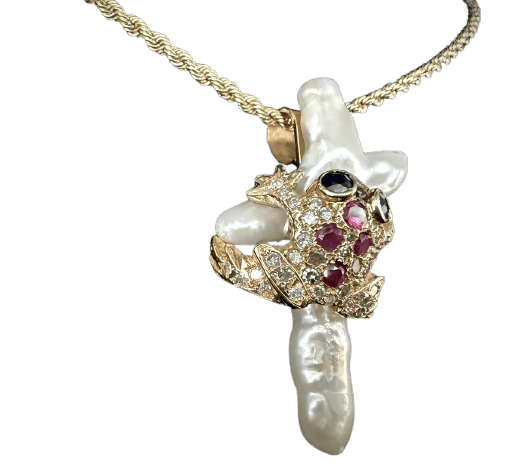 Pendentif Pieper - Pendentif et épingle grenouille en or jaune 18 carats, perle baroque et pierres précieuses 58 Facettes pendentif 230913
