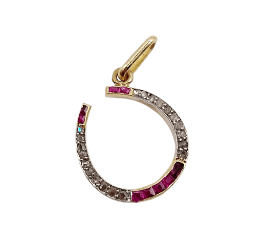 Pendentif Pendentif - Fer à cheval en or 18k, diamants taille rose et rubis synthétiques 58 Facettes A07796