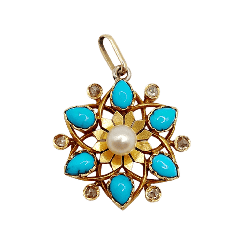 Pendentif Pendentif fleur victorien en or 18k, perle, turquoises et diamants taille rose (vers 1890) 58 Facettes A07506