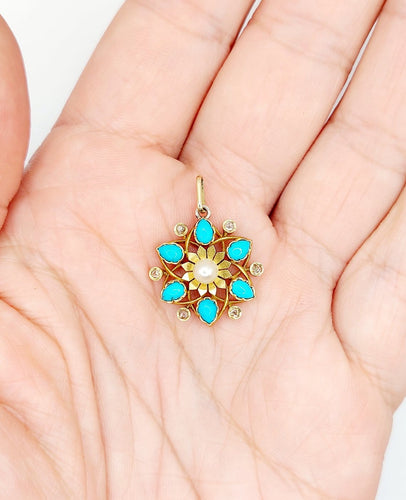 Pendentif Pendentif fleur victorien en or 18k, perle, turquoises et diamants taille rose (vers 1890) 58 Facettes A07506