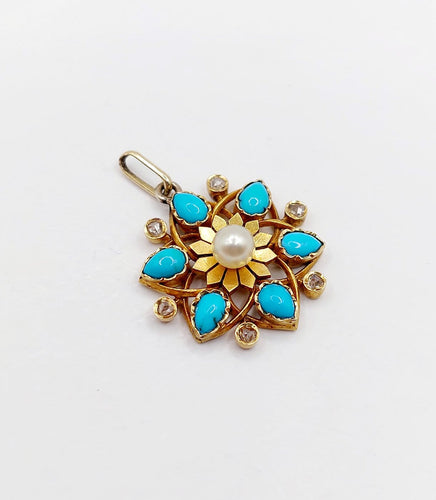 Pendentif Pendentif fleur victorien en or 18k, perle, turquoises et diamants taille rose (vers 1890) 58 Facettes A07506