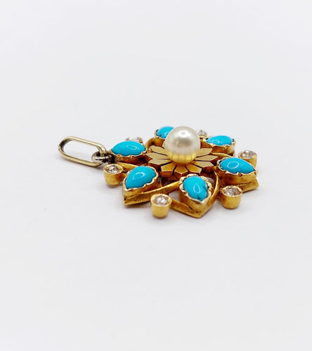 Pendentif Pendentif fleur victorien en or 18k, perle, turquoises et diamants taille rose (vers 1890) 58 Facettes A07506