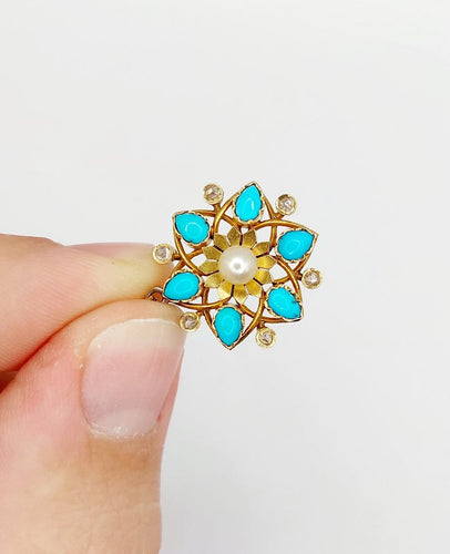 Pendentif Pendentif fleur victorien en or 18k, perle, turquoises et diamants taille rose (vers 1890) 58 Facettes A07506