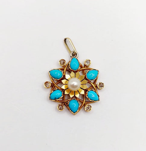 Pendentif Pendentif fleur victorien en or 18k, perle, turquoises et diamants taille rose (vers 1890) 58 Facettes A07506