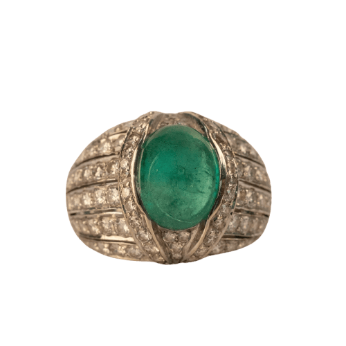Bague 53 Bague rétro en or blanc 18 carats, émeraude cabochon et diamants 58 Facettes