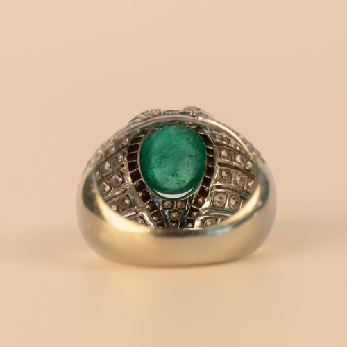 Bague 53 Bague rétro en or blanc 18 carats, émeraude cabochon et diamants 58 Facettes