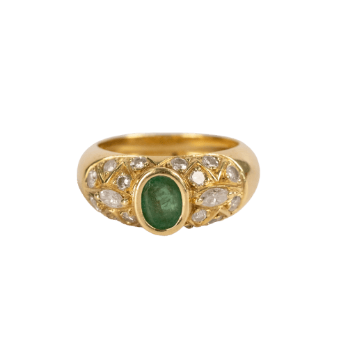Bague 56 Bague jonc vintage en or jaune, émeraude cabochon et diamants 58 Facettes
