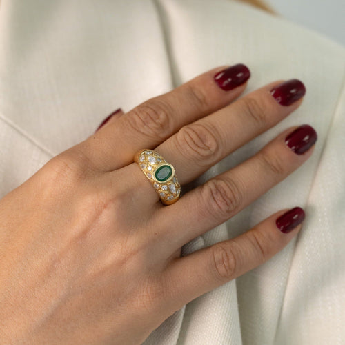 Bague 56 Bague jonc vintage en or jaune, émeraude cabochon et diamants 58 Facettes