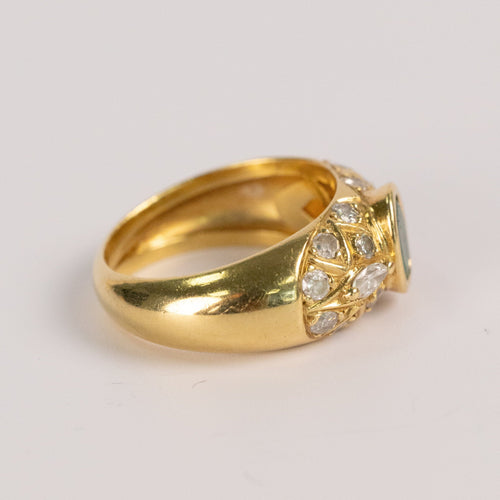 Bague 56 Bague jonc vintage en or jaune, émeraude cabochon et diamants 58 Facettes