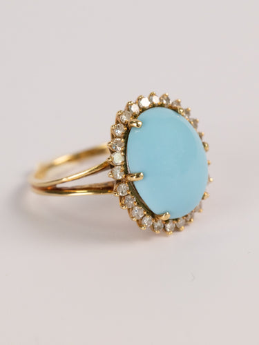 Bague Bague vintage en or jaune 750, turquoise cabochon et diamants 58 Facettes