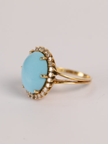 Bague Bague vintage en or jaune 750, turquoise cabochon et diamants 58 Facettes