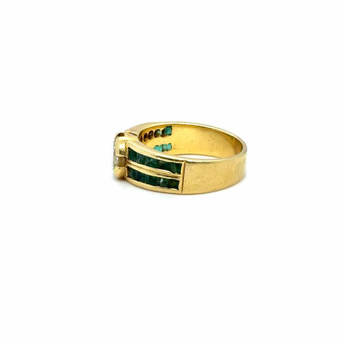 Bague 55 Bague vintage en or jaune 18 carats, diamant de 1,25 carat et émeraudes 58 Facettes