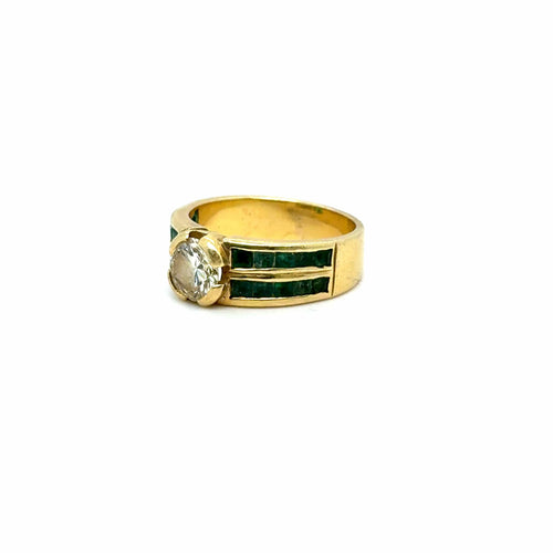Bague 55 Bague vintage en or jaune 18 carats, diamant de 1,25 carat et émeraudes 58 Facettes