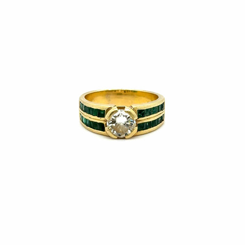 Bague 55 Bague vintage en or jaune 18 carats, diamant de 1,25 carat et émeraudes 58 Facettes