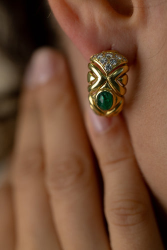 Boucles d'oreilles Boucles d’oreilles vintage en or jaune 18k, émeraudes cabochon et diamants 58 Facettes