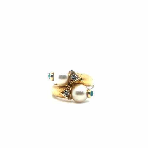 Bague 49 Bague Toi et Moi vintage en or jaune, perles de culture, émeraudes et diamants 58 Facettes