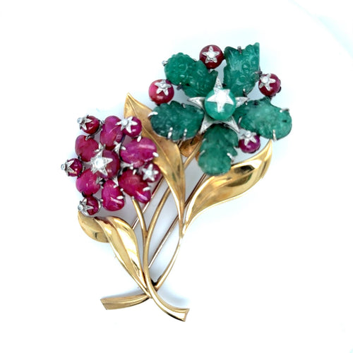 Broche Broche vintage en or jaune 750‰, émeraudes, rubis et diamants 58 Facettes