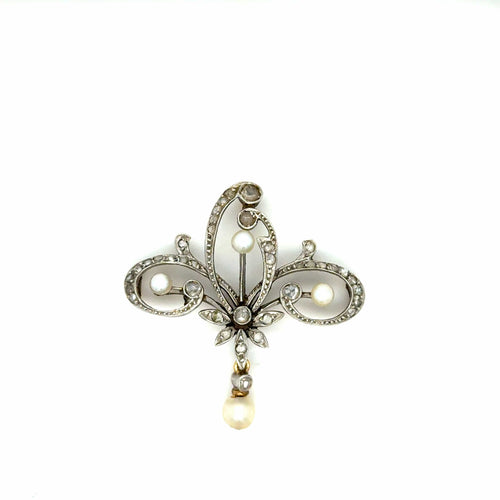 Pendentif Pendentif Belle Époque en or blanc 585‰, perle et diamants taille rose 58 Facettes