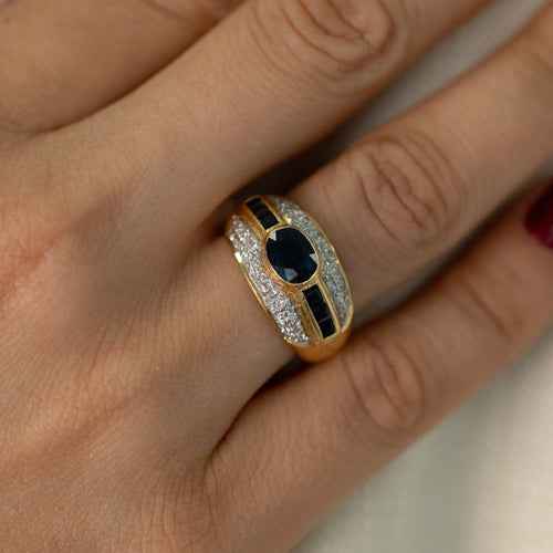 Bague 50 Bague jonc en or jaune 18 carats, saphirs et diamants, années 80 58 Facettes