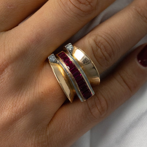 Bague 49 Bague Tank Rubis et Diamants, Années 1940-1950 58 Facettes
