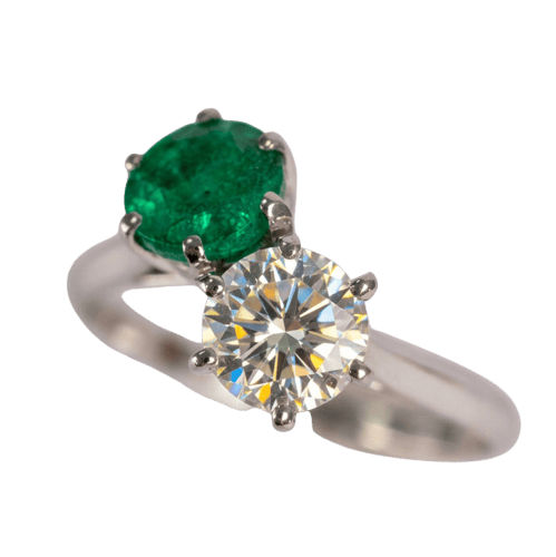 Bague 51 Bague Toi et Moi Émeraude et Diamant 0,75 ct, Or Blanc 58 Facettes