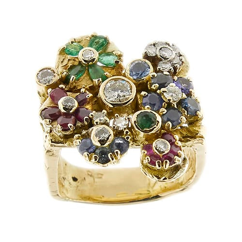 Bague 60 Bague à fleurs en or jaune 18k, rubis, saphirs, émeraudes et diamants 58 Facettes 35999