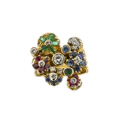 Bague 60 Bague à fleurs en or jaune 18k, rubis, saphirs, émeraudes et diamants 58 Facettes 35999