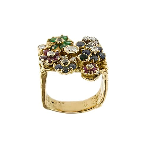 Bague 60 Bague à fleurs en or jaune 18k, rubis, saphirs, émeraudes et diamants 58 Facettes 35999