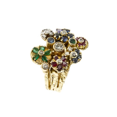 Bague 60 Bague à fleurs en or jaune 18k, rubis, saphirs, émeraudes et diamants 58 Facettes 35999