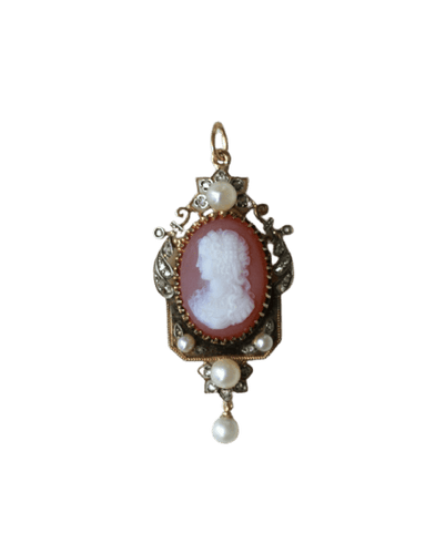 Collier Collier ancien avec camée, perles et diamants en or rose et jaune 58 Facettes