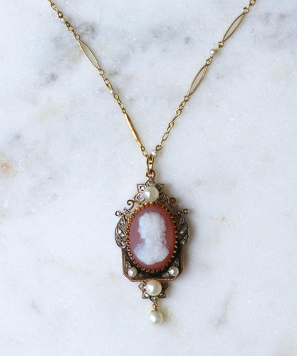 Collier Collier ancien - Camée en agate, perles et diamants, or rose et jaune 58 Facettes