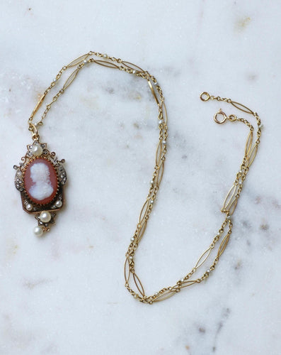 Collier Collier ancien - Camée en agate, perles et diamants, or rose et jaune 58 Facettes