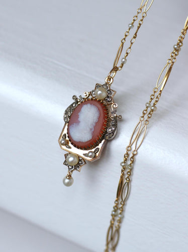 Collier Collier ancien - Camée en agate, perles et diamants, or rose et jaune 58 Facettes
