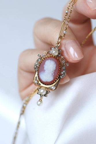 Collier Collier ancien - Camée en agate, perles et diamants, or rose et jaune 58 Facettes