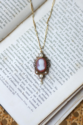 Collier Collier ancien - Camée en agate, perles et diamants, or rose et jaune 58 Facettes