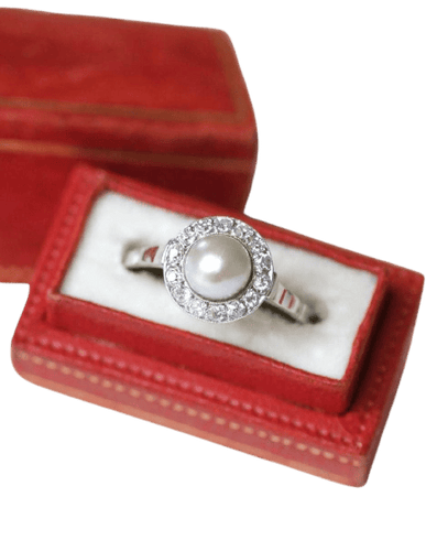Bague 59 Bague cible Art déco en or blanc 18k et platine, perle mabé et diamants 58 Facettes