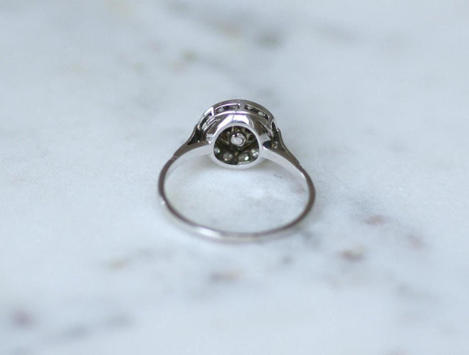 Bague 59 Bague cible Art déco, or blanc 18 kt, platine, perle mabé et diamants 58 Facettes