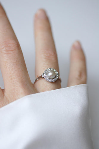 Bague 59 Bague cible Art déco, or blanc 18 kt, platine, perle mabé et diamants 58 Facettes
