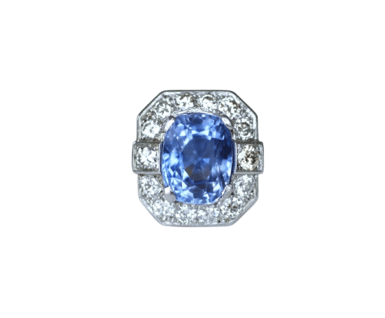 Bague 55 Bague Art déco en platine, saphir de Ceylan 12,20 ct et diamants 58 Facettes