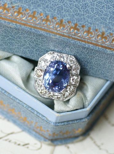 Bague 55 Bague Art déco en platine, saphir de Ceylan 12,20 ct et diamants 58 Facettes