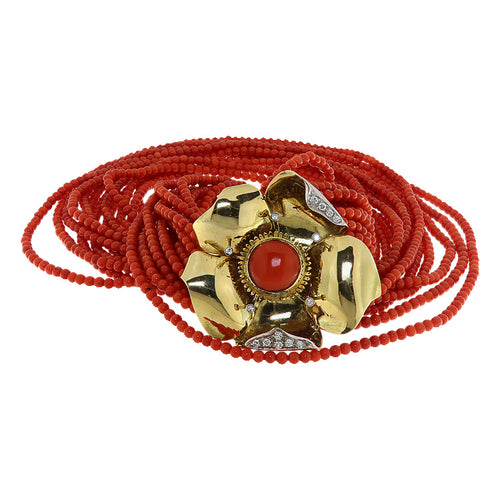 Collier Collier multi-rangs de corail avec élément en or jaune et diamants 58 Facettes G4045