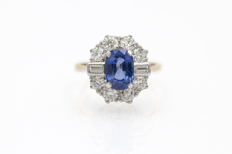 Bague 55 Bague en or jaune 18 carats avec saphir de Ceylan et diamants taille ancienne 58 Facettes 13672