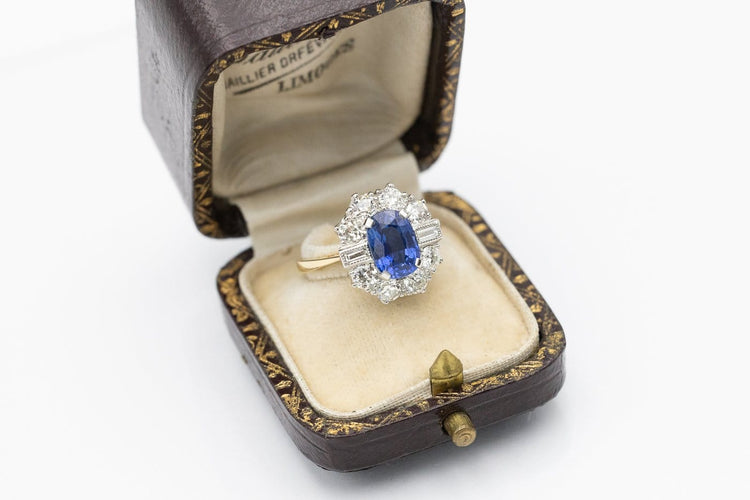 Bague 55 Bague en or jaune 18 carats avec saphir de Ceylan et diamants taille ancienne 58 Facettes 13672