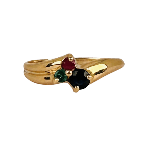 Bague 52 Bague en or jaune 18k, rubis, émeraude et saphir bleu 58 Facettes 2609006